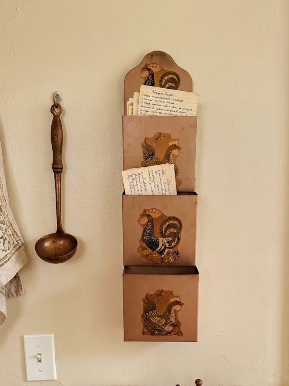 Vintage Metal Wall-Mounted Mail Organizer with Folk-Art Roosters